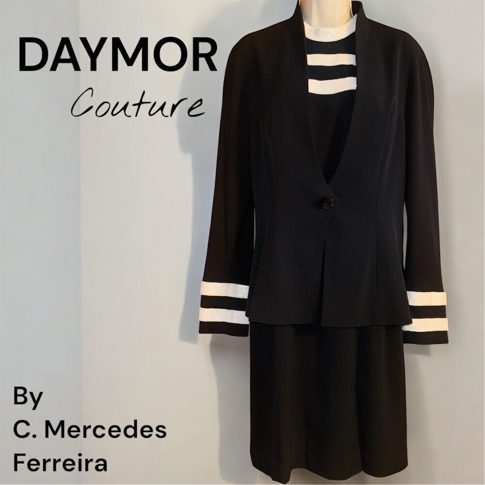 DAYMOR Couture Women's Formal Black White Beaded 2-Piece High Neck Suit Dress